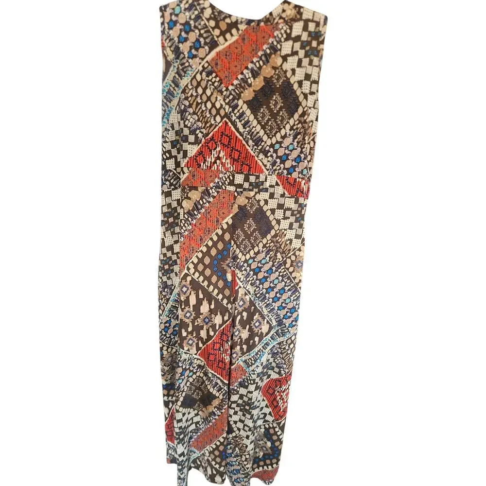 Susan Lawrence Brown Orange Geometric Maxi Dress Sz 2X Stretchy V Neck